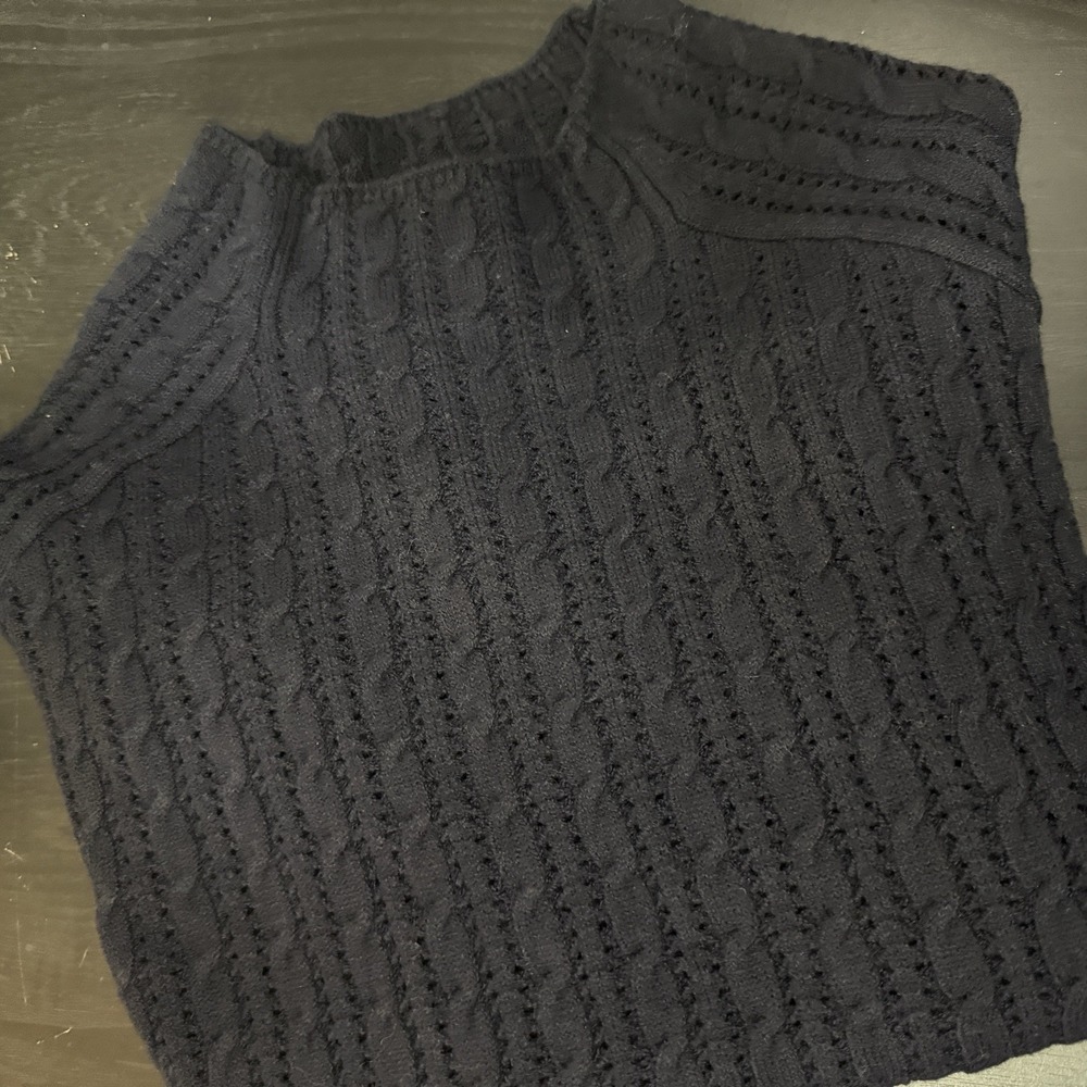 Womens L 12/14 Navy Blue Mock Neck Cable Knit Sweater Classic Short‎ New Tags
